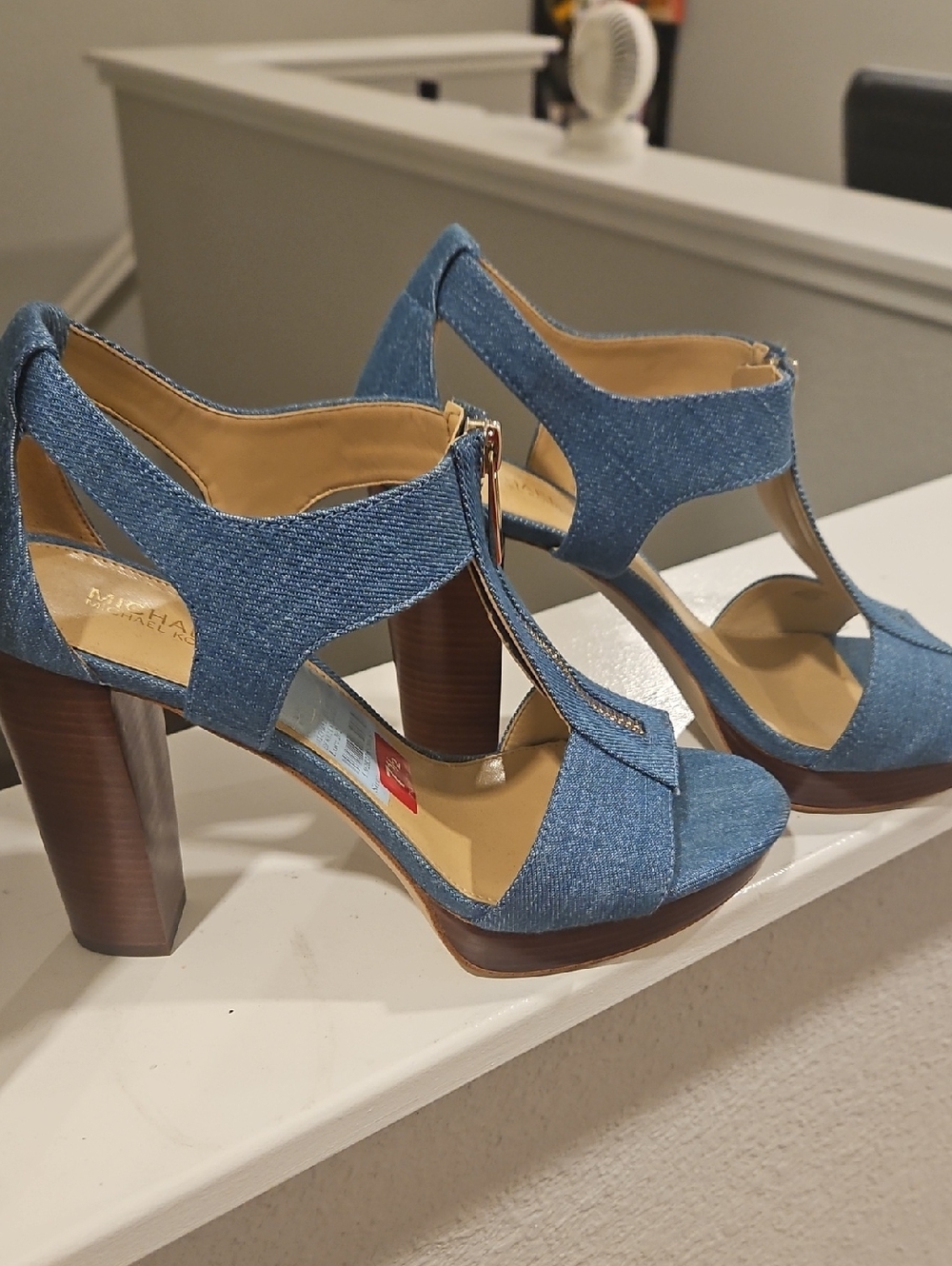 Michael Kors Denim Blue T-Strap Block Heel Sandals